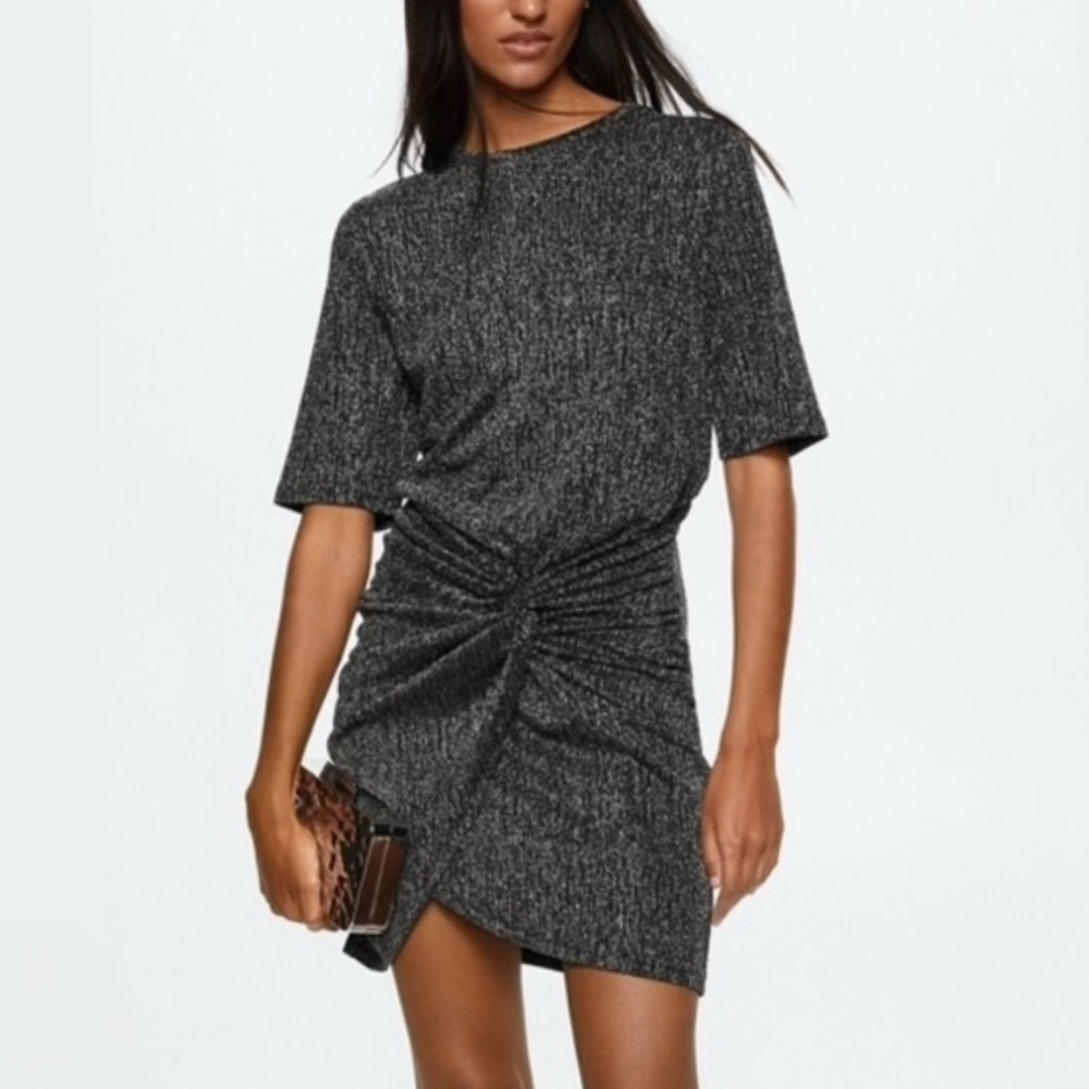 MANGO Metallic Lurex Mini Dress with Side Knot | Size 6 | NWOT